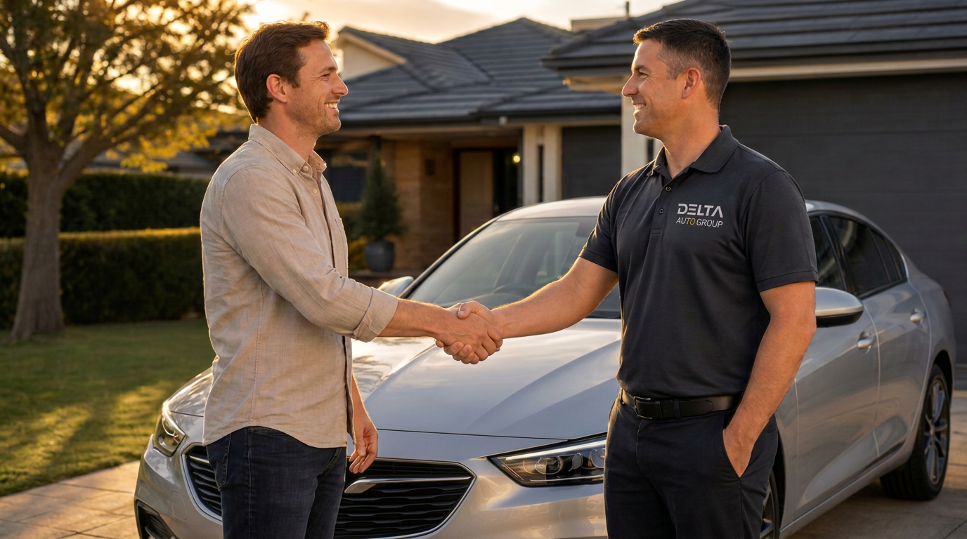 Delta Auto Group employee shaking hands with a customer in front of their car